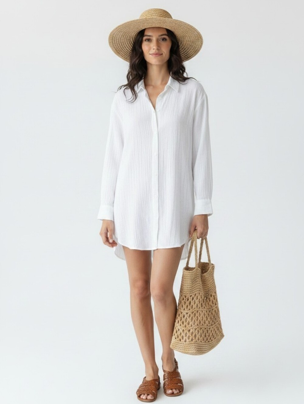 Mango Textured Button Front Gauze Shirt Dress Lightweight Beach CoverUp